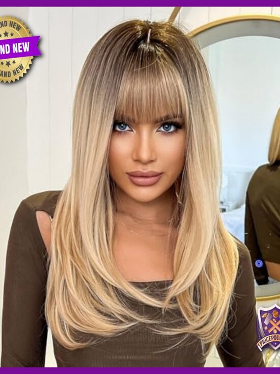 Long Straight Layered Wig with Bangs, Heat Resistant Glueless Design main image 6